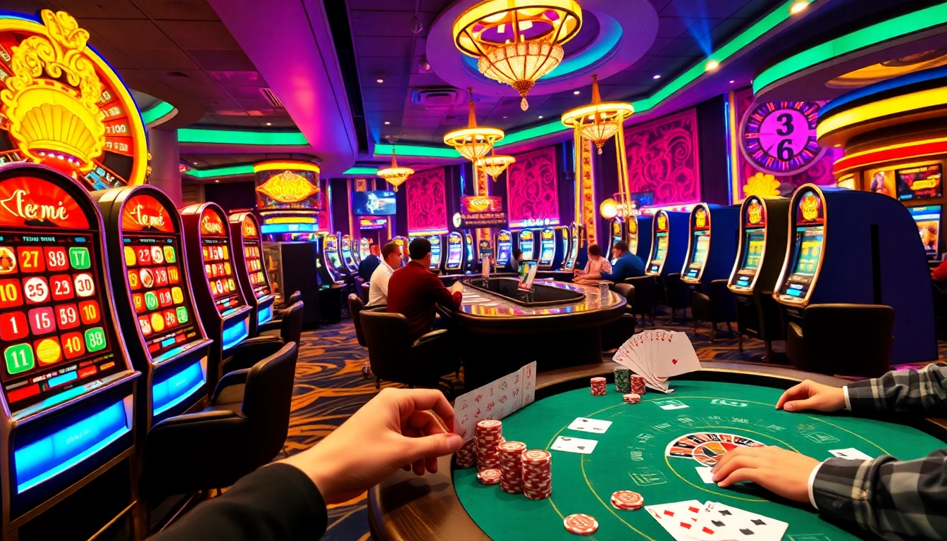Engaging scene of players enjoying games at F8beta2 me casino, showcasing poker chips and vibrant slot machines.